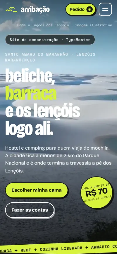 Primeira tela do site Arribação Hostel & Camping no celular