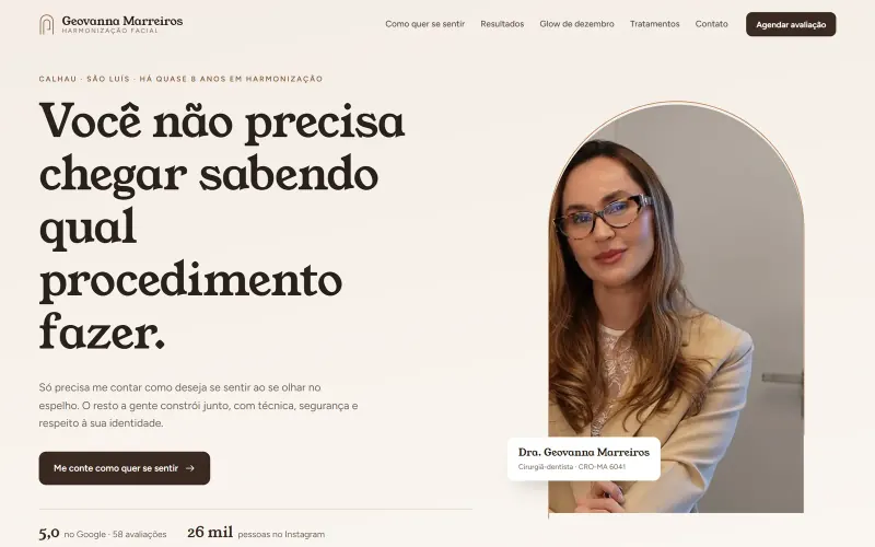 Página inicial do site Dra. Geovanna Marreiros, harmonização facial
