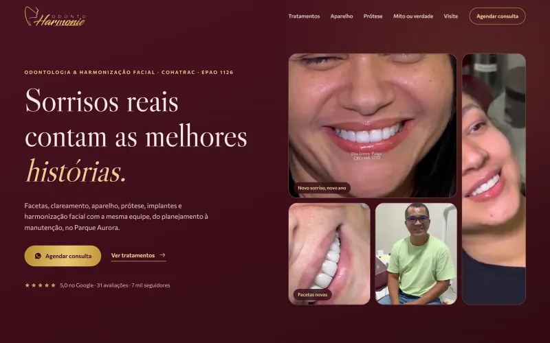 Página inicial do site Odonto Harmonie, odontologia e harmonização facial