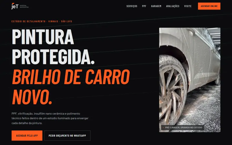 Página inicial do site Jet Estética Automotiva, estética automotiva