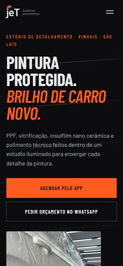 Primeira tela do site Jet Estética Automotiva no celular