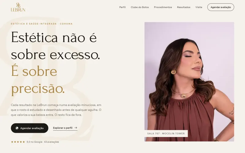 Página inicial do site Clínica LeBrun, estética e saúde integrada