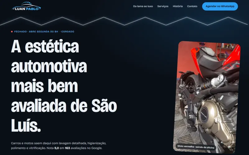 Página inicial do site Luan Pablo Estética Automotiva, estética automotiva para carros e motos