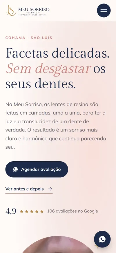 Primeira tela do site Meu Sorriso Clinic no celular