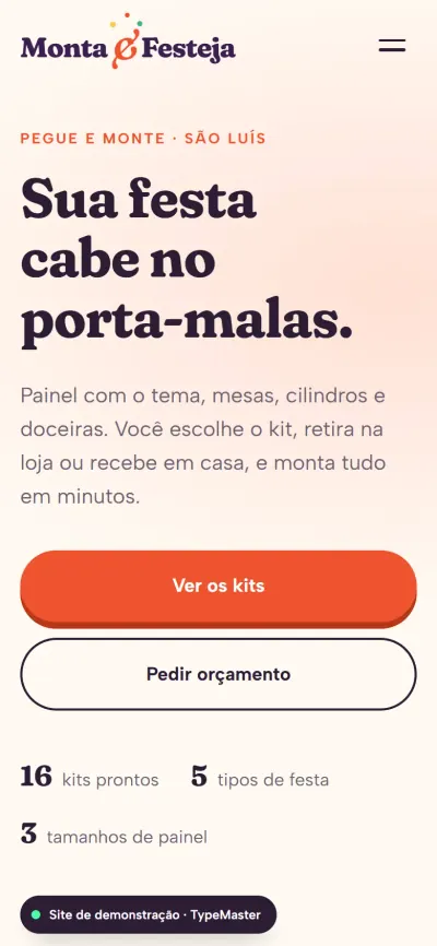 Primeira tela do site Monta & Festeja no celular
