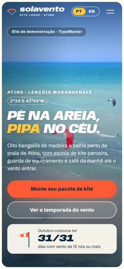 Primeira tela do site Solavento Kite Lodge no celular