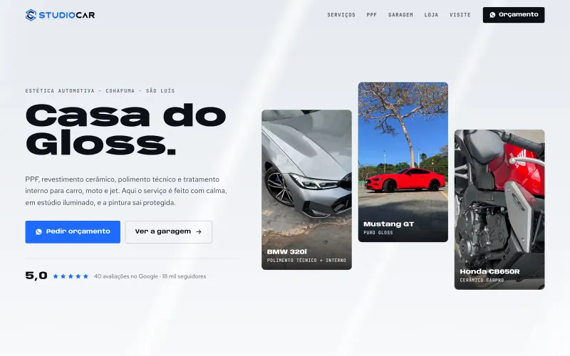 Página inicial do site Studio Car SLZ, estética automotiva, náutica e aviação