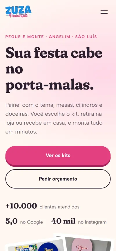 Primeira tela do site Zuza Provençais no celular